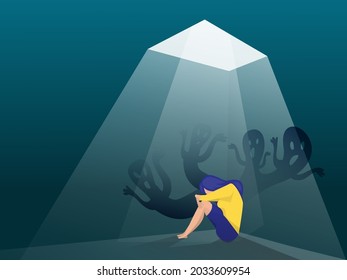 Depressed girl with anxiety and scary fantasies feeling sorrow; fears; sadness vector illustration