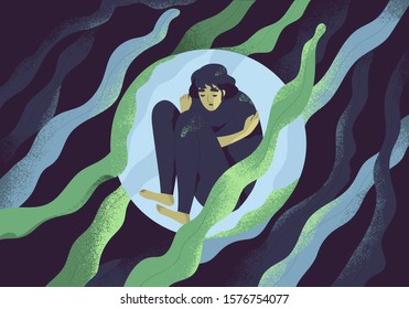 Depressed girl in bubble flat vector illustration. Lonely person in vacuum. Diffident woman in solitude. Isolation, loneliness concept. Lack of confidence, psychological problem, lostness.