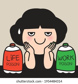 Depressed Girl Can not Make A Decision To Pick A Bottle Of Life Poison Or Work Poison Concept Card Character illustration
