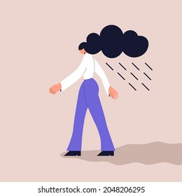 Depressed girl with a cloud and rain over her head. The concept of depression, self-isolation, loneliness, bad mood and mental disorders. Vector illustration in a flat style. Eps 10.