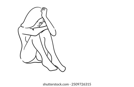 Depressed girl continuous line art drawing isolated on white background. Psychology. Mental helth. Vector illustration