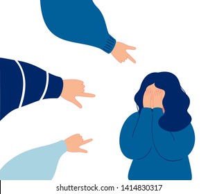 Depressed girl crying covering her face with her hands. Weeping woman emotions grief surrounded by hands with index fingers pointing at her, public censure and victim blaming. Human character vector
