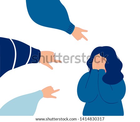 Depressed girl crying covering her face with her hands. Weeping woman emotions grief surrounded by hands with index fingers pointing at her, public censure and victim blaming. Human character vector