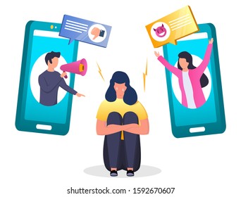 Depressed girl crying sitting on the floor because of receiving dislike and insulting mobile phone message, vector illustration. Cyber bullying, internet trolling concept for web banner, website page.