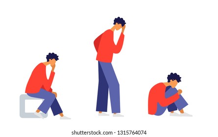 Depressed girl in different poses. Mental health problems, treatment of depression, psychological help. Vector illustration in trendy flat style.