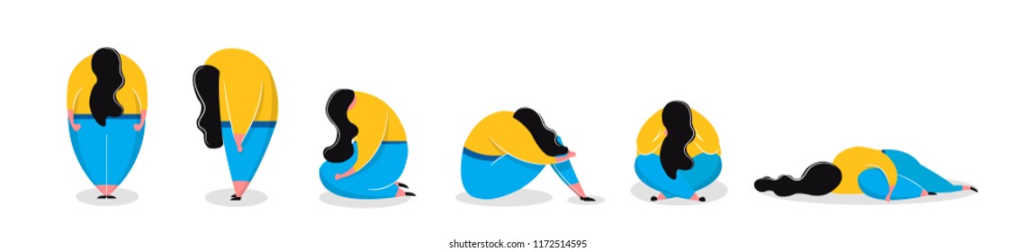 Depressed girl in different poses sad woman standing sitting lying. Mental health problems and treatment of depression psychological help. Vector illustration in cartoon style