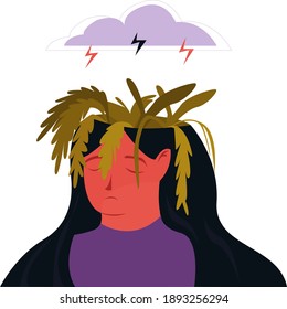 Depressed girl flat vector illustration isolated on white background. Girl with  mental problems 