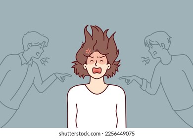 Depressed girl having panic attack and screaming after insulting two guys. Woman experiencing psychological problems after being criticized or insulted based on gender. Flat vector illustration 