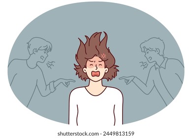 Depressed girl having panic attack and screaming after insulting two guys. Woman experiencing psychological problems after being criticized or insulted based on gender. Flat vector illustration