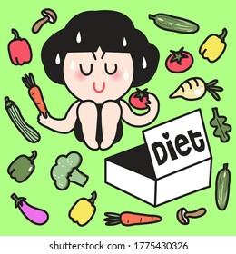 Depressed Girl With Her Diet Box Of Veggies Concept Card Character illustration