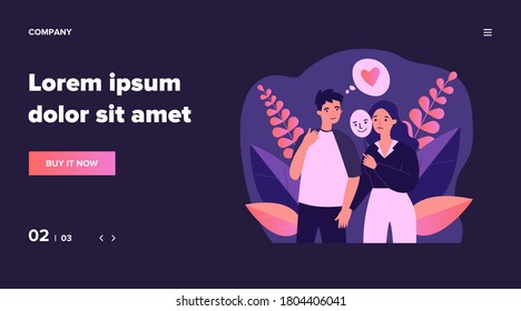 Depressed girl holding a positive mask on the stick during a date. Young woman covering unhappy face flat vector illustration. Emotion and disguise concept for banner, website design or landing web page