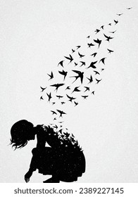 Depressed girl. Lonely sitting woman. Death and afterlife. Flying bird