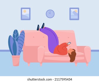 Depressed Girl Lying On Sofa And Looking At Phone Screen. Sad Lazy Woman Resting On Coach At Home, Scrolling Social Media Feet, Surfing Internet Flat Vector Illustration. Apathy, Addiction Concept