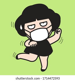 Depressed Girl With Medical Face Mask, Dancing To Help Ownself Relieving And Preventing Extreme Stress During Confinement Or Quarantine Period Concept Card Character illustration