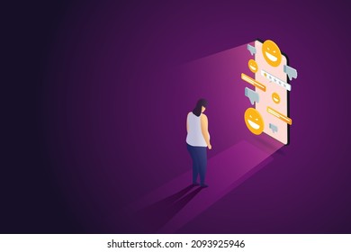 Depressed girl Mental stress from messages on social networks The concept of online bullying on smartphones Criticism of other people's bodies. Isometric vector illustration.