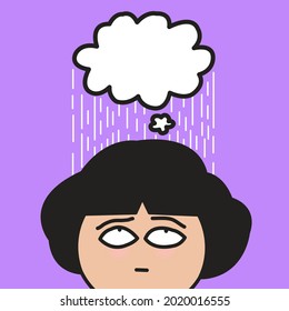 Depressed Girl With Rain Falling From Her Blank Thought Bubble Or Empty Thinking Balloon Concept Card Character illustration