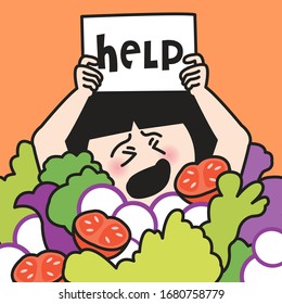 Depressed Girl In Salad Bowl Holding Sign Board That Showing A Word Help. Veggie Haters Mood Concept Card Character illustration