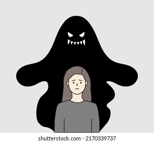 Depressed girl with scary monster shadow behind. Depression, psychological disorder, mental health, anxiety, loneliness concept. Hand Drawn character vector design Illustration.
