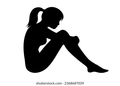 Depressed girl silhouette. Side profile portrait sitting on ground. vector illustration