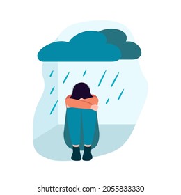 Depressed girl sit on the floor with cloud and rain above. Psychological issues. Mental illness and problem. Anxiety, depression, mood disorder, melancholia. Vector isolated flat illustration