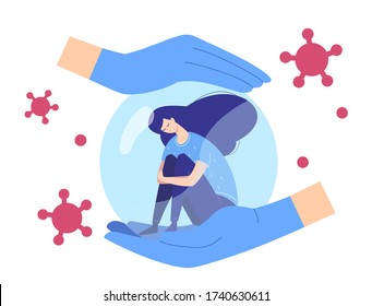 Depressed girl sits isolated under quarantine during corona virus epidemic while hands protects her from infection