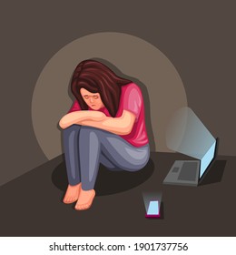 depressed girl sitting and cry on dark room with laptop and smartphone. mental illness and cyberbullying awareness illustration concept in cartoon vector