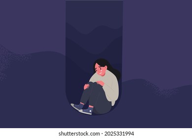 Depressed girl sitting in the deep dark hole and crying. Concept of sadness, depression, mental breakdown, mental disorder, metal health, fatigue, sorrow. Flat vector illustration character.