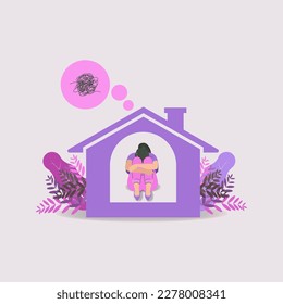 Depressed girl sitting in the house embracing him illustration