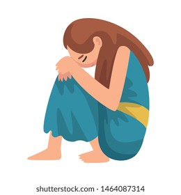 Depressed Girl Sitting on Floor Hugging Her Knees, Unhappy Stressed Teenager, Lonely, Anxious, Abused Girl Vector Illustration