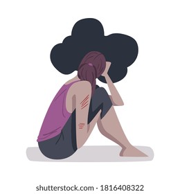 Depressed Girl Sitting on Floor with Black Cloud around her Head, Person Haunted by Ghost, Mental Health Problems, Psychological Disorder Concept Cartoon Style Vector Illustration