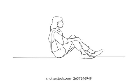 Depressed girl sitting on the floor in continuous line drawing style. Minimalist black linear sketch of depressed expression, stress, headache isolated on white background. Vector illustration 