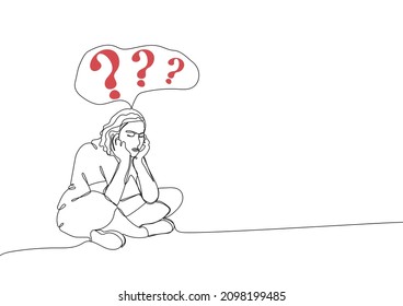 Depressed girl is sitting thinkin. Concept of support with psychological problems. Online therapy and counselling for people under stress and depression.One continuous line drawing. Vector