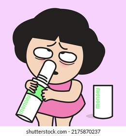 A Depressed Girl Is Smelling A Giant Stress Relief Nasal Inhaler For Monday Concept Card Character illustration