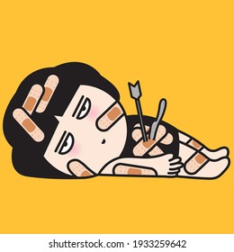 Depressed Girl With Stab Wounds From Knife And Arrow On Her Body With Adhesive Plaster. Woman Feeling Too Pain To Recover Her Own Physical And Emotional Injuries Concept Card Character illustration