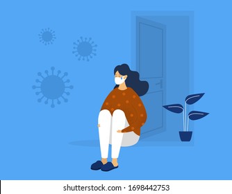 Depressed girl stay home. Anxiety about Coronavirus Covid-19. Mental disorder. Vector