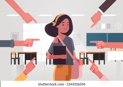 Depressed Girl Student Being Bullied Surrounded By Hands Fingers Mocking Her Peer Violence Bullying Concept Modern School Or University Classroom Interior Portrait Horizontal Vector Illustration