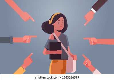 Depressed Girl Student Being Bullied Surrounded By Hands Fingers Mocking Her Peer Violence Bullying Concept Flat Portrait Horizontal Vector Illustration