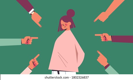 depressed girl surrounded by hands fingers mocking pointing her bullying inequality discrimination concept portrait horizontal vector illustration