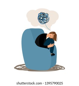 Depressed girl tangled brain vector illustration isolated. Untangle process, difficult human confused mental
