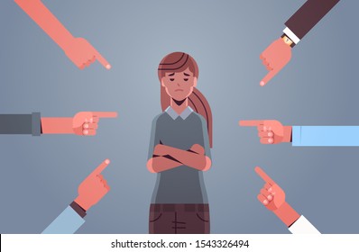 depressed girl teenager being bullied surrounded by hands fingers mocking pointing her peer violence bullying concept flat portrait horizontal vector illustration