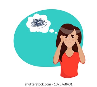 Depressed girl thinking about problems. Panic and hysterical mood woman. Vector flat illustration in cartoon style