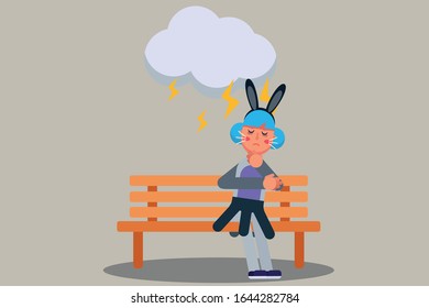 A depressed girl using a rabbit costume, sad character Easter day theme. Simple vector illustration, this illustration can use as a sticker also. 