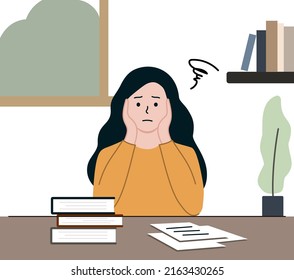 Una chica deprimida se preocupaba por el examen y el resultado de la prueba. Estudiante universitario cansado estudiando en casa, sentado en el escritorio con libro de texto. Burnout, salud mental, el concepto de horario estricto. Ilustración vectorial plana.