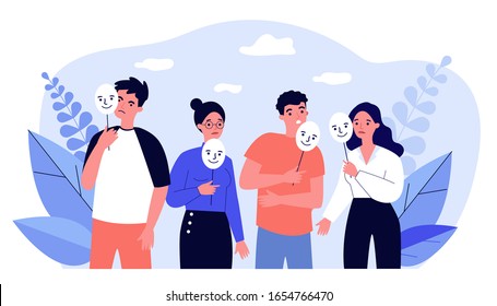 Depressed Guy And Girls Holding Positive Masks On Sticks. Sad People Covering Unhappy Faces. Vector Illustration For Emotion, Personality, Psychology, Disguise Concept