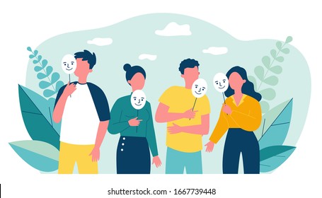 Depressed Guy And Girls Holding Positive Masks On Sticks. Sad People Covering Unhappy Faces. Vector Illustration For Emotion, Personality, Psychology, Disguise Concept