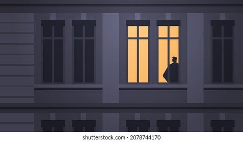 Depressed Guy Silhouette Standing In House Window Loneliness Depressive Disorder Problem Mental Health Diseases