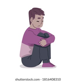 Depressed Guy Sitting on Floor Hugging His Knees, Mental Health Problems, Psychological Disorder Concept Cartoon Style Vector Illustration