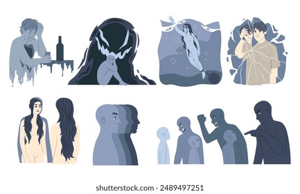 Depressed and harmony. Mental disease. Anxiety people. Grief or sad. Self violence. Afraid woman silhouette. Feared man. Subconscious mind. Inner spiritual health care. Vector psychology concepts set