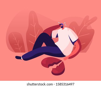 Depressed Heartbroken Man Sitting on Ground with Pieces of Red Broken Heart and Crying. End of Love and Loving Relations, Loneliness, Divorce and Separation Concept. Cartoon Flat Vector Illustration