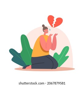 Depressed Heartbroken Teen Girl Sitting on Floor with Pieces of Red Broken Heart and Crying. End of Love and Loving Relations, Loneliness, Child Depression Concept. Cartoon Vector Illustration